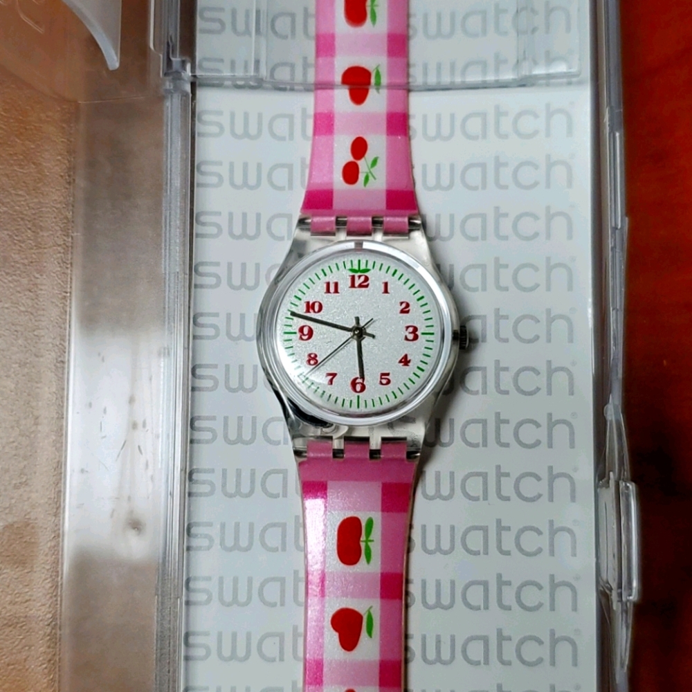 Swatch watch women's cherry pink and white watches